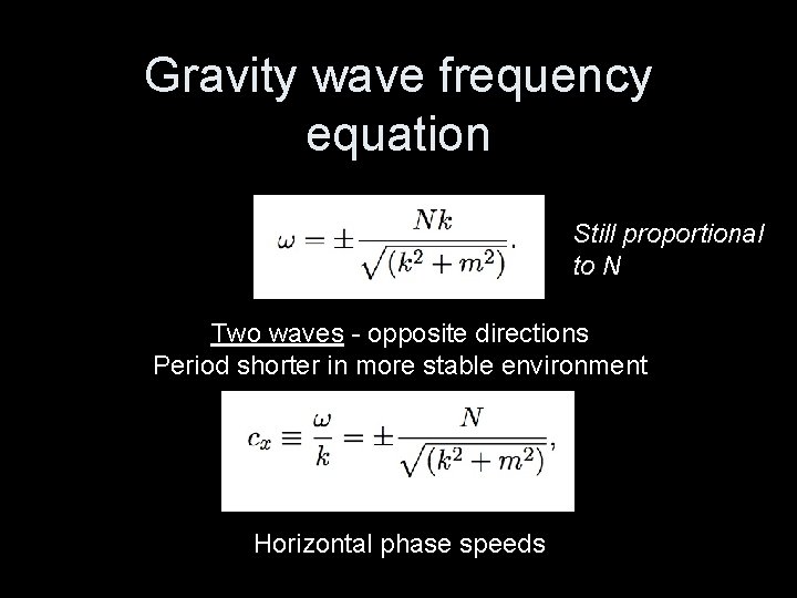 Gravity wave frequency equation Still proportional to N Two waves - opposite directions Period