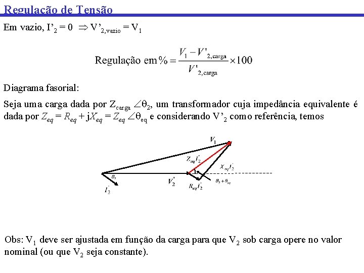 Regulação de Tensão Em vazio, I’ 2 = 0 V’ 2, vazio = V