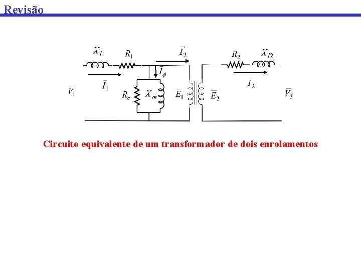 Revisão Circuito equivalente de um transformador de dois enrolamentos Revisão Circuito equivalente de um transformador de dois enrolamentos