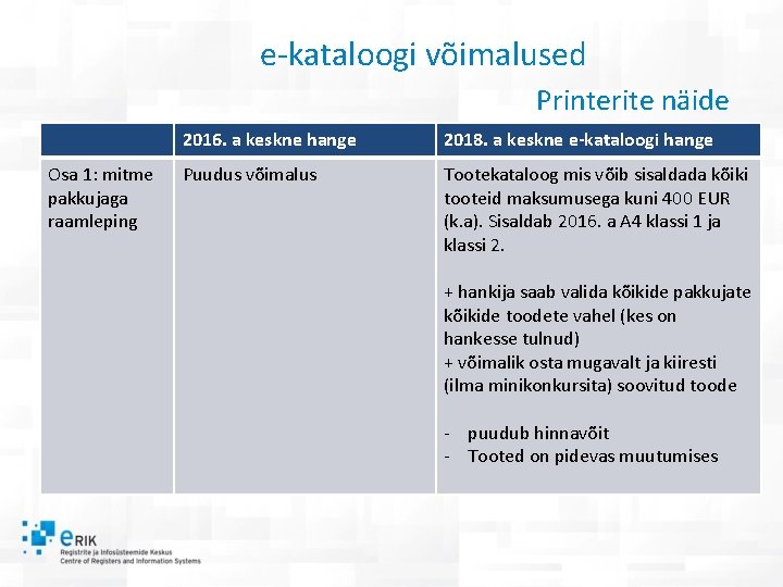 e-kataloogi võimalused Printerite näide Osa 1: mitme pakkujaga raamleping 2016. a keskne hange 2018.
