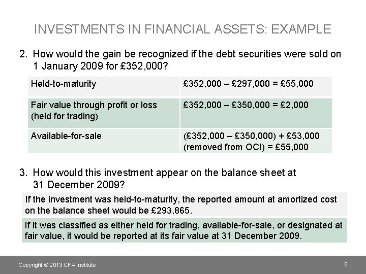 INVESTMENTS IN FINANCIAL ASSETS: EXAMPLE 2. How would the gain be recognized if the