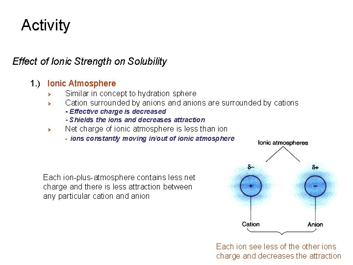 Activity Effect of Ionic Strength on Solubility 1. ) Ionic Atmosphere Ø Ø Similar