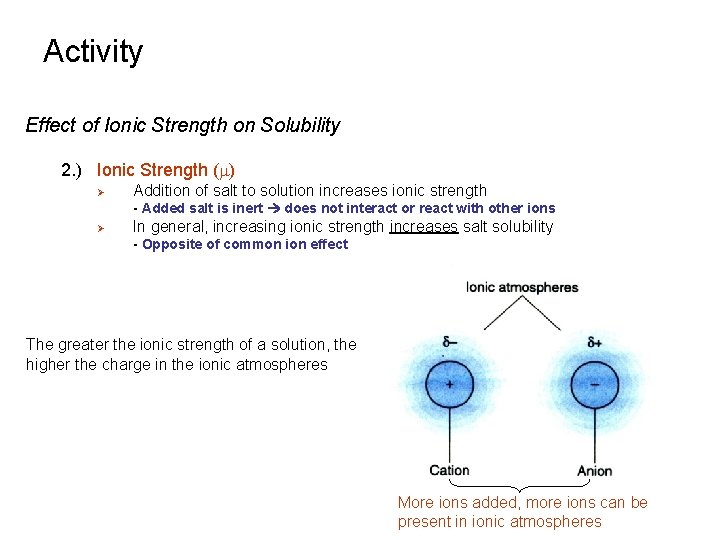 Activity Effect of Ionic Strength on Solubility 2. ) Ionic Strength (m) Ø Addition