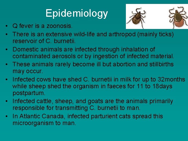 Epidemiology • Q fever is a zoonosis. • There is an extensive wild-life and