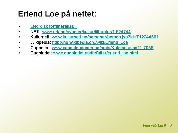 Erlend Loe på nettet: • • • «Nordisk forfatteratlas» NRK: www. nrk. no/nyheter/kultur/litteratur/1. 524744