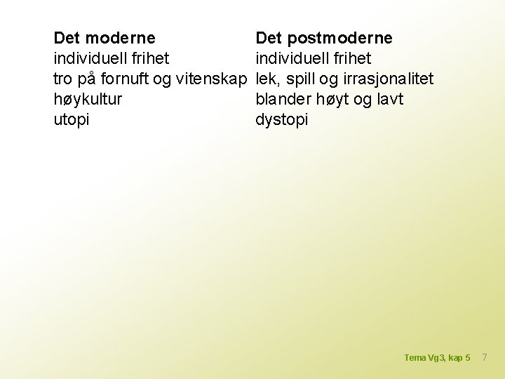 Det moderne individuell frihet tro på fornuft og vitenskap høykultur utopi Det postmoderne individuell