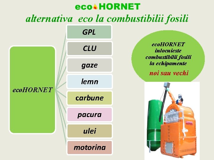 alternativa eco la combustibilii fosili GPL CLU gaze eco. HORNET lemn carbune pacura ulei