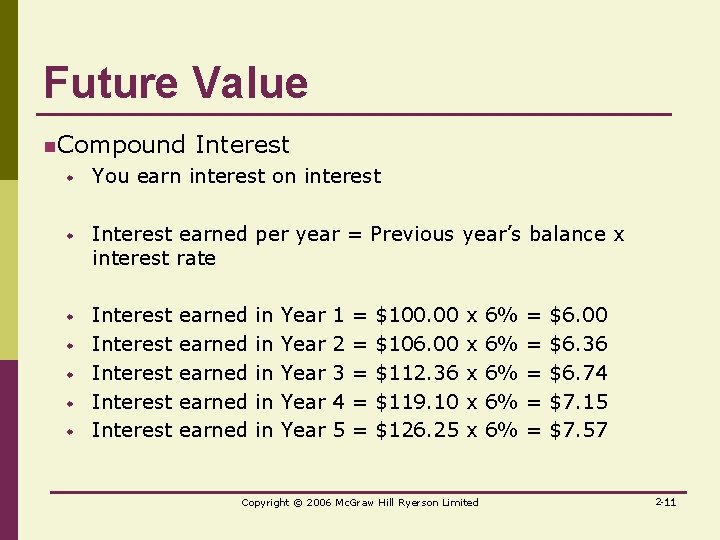 Future Value n. Compound Interest w You earn interest on interest w Interest earned