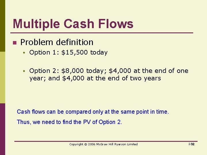 Multiple Cash Flows n Problem definition w Option 1: $15, 500 today w Option