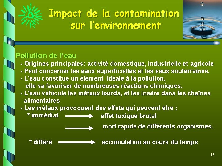 Impact de la contamination sur l’environnement Pollution de l’eau - Origines principales: activité domestique,