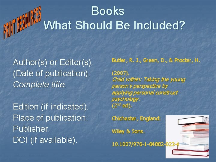 Books What Should Be Included? Author(s) or Editor(s). (Date of publication). Complete title. Butler,