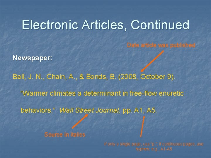 Electronic Articles, Continued Date article was published Newspaper: Ball, J. N. , Chain, A.