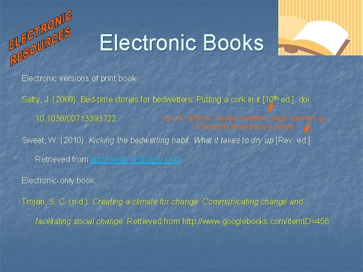 Electronic Books Electronic versions of print book: Salty, J. (2009). Bed-time stories for bedwetters: