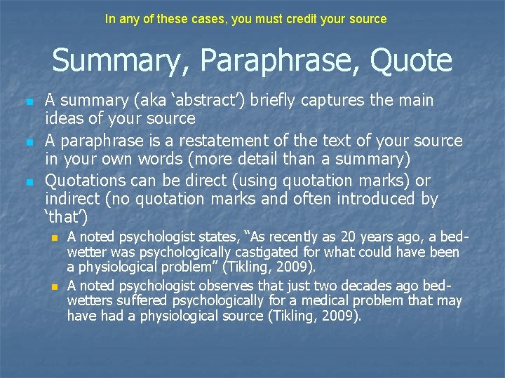 In any of these cases, you must credit your source Summary, Paraphrase, Quote n