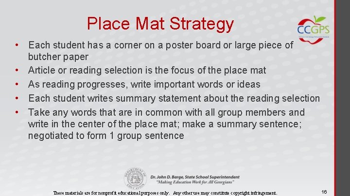 Place Mat Strategy • Each student has a corner on a poster board or