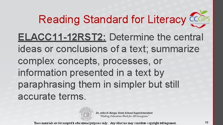 Reading Standard for Literacy ELACC 11 -12 RST 2: Determine the central ideas or