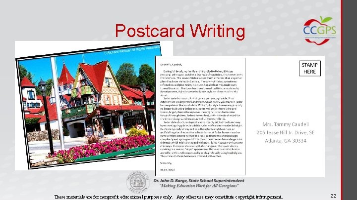 Postcard Writing These materials are for nonprofit educational purposes only. Any other use may