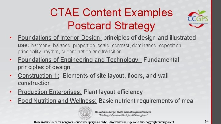CTAE Content Examples Postcard Strategy • Foundations of Interior Design: principles of design and