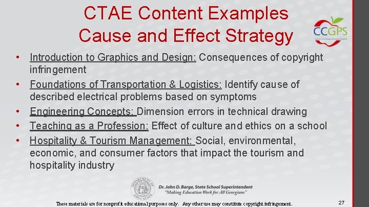 CTAE Content Examples Cause and Effect Strategy • Introduction to Graphics and Design: Consequences