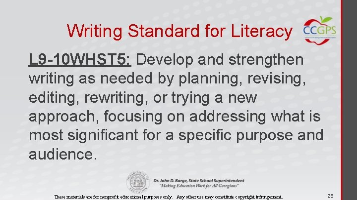 Writing Standard for Literacy L 9 -10 WHST 5: Develop and strengthen writing as