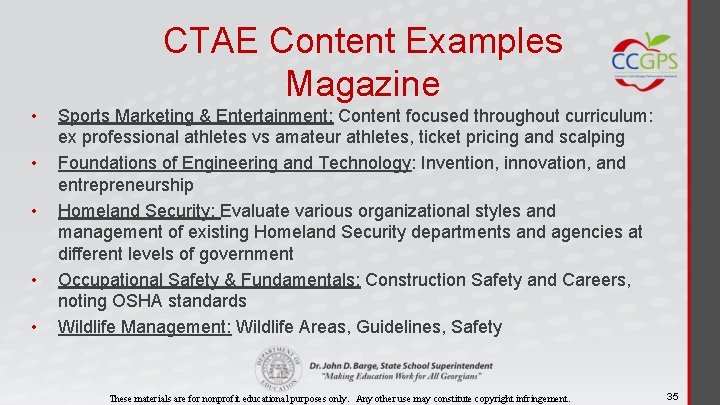 CTAE Content Examples Magazine • • • Sports Marketing & Entertainment: Content focused throughout