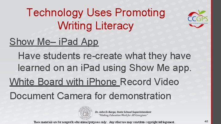 Technology Uses Promoting Writing Literacy Show Me– i. Pad App Have students re-create what