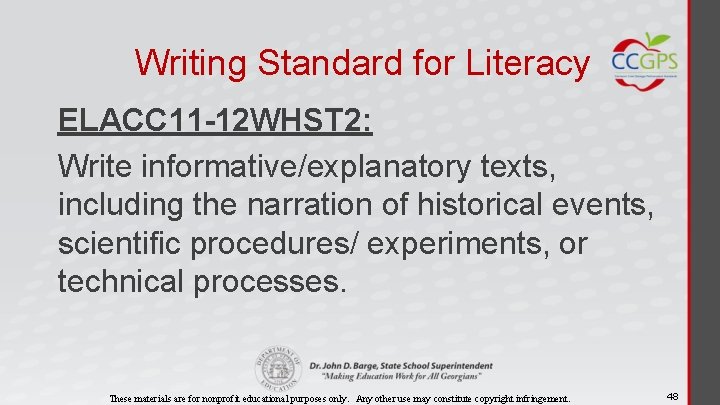 Writing Standard for Literacy ELACC 11 -12 WHST 2: Write informative/explanatory texts, including the