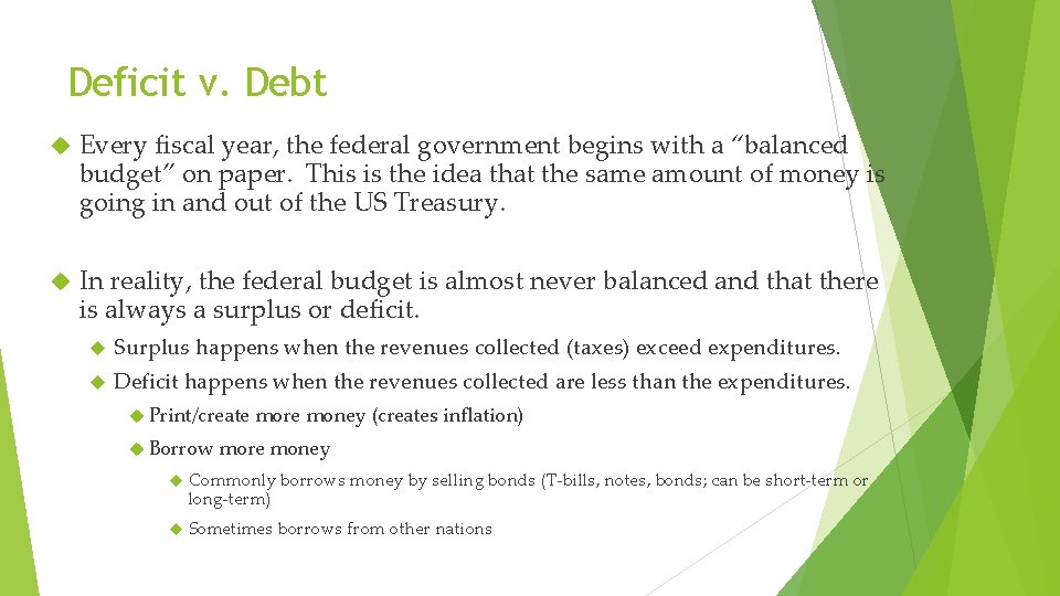Deficit v. Debt Every fiscal year, the federal government begins with a “balanced budget”