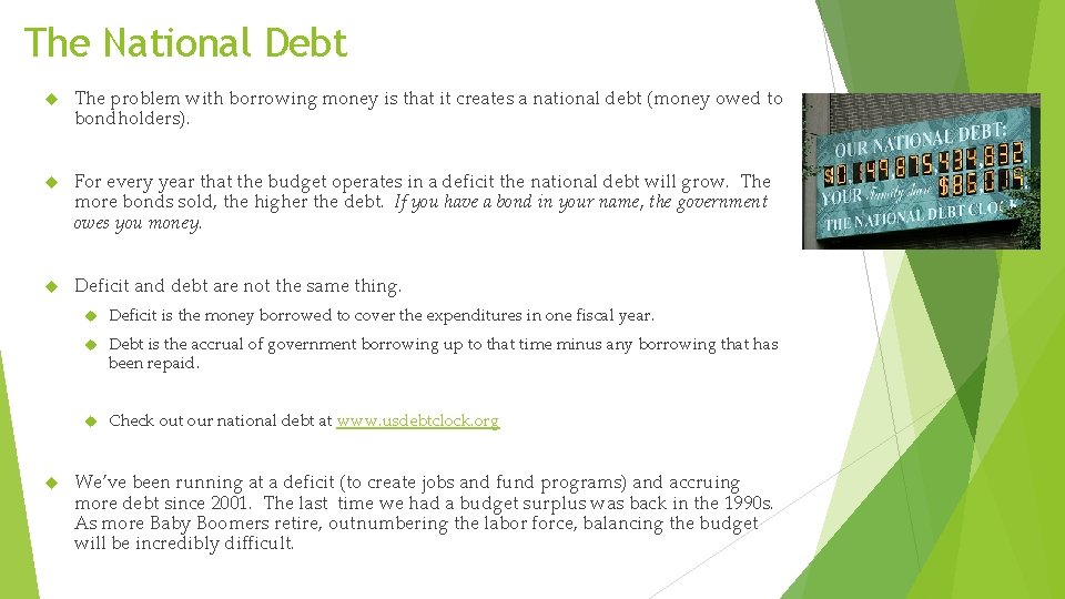 The National Debt The problem with borrowing money is that it creates a national