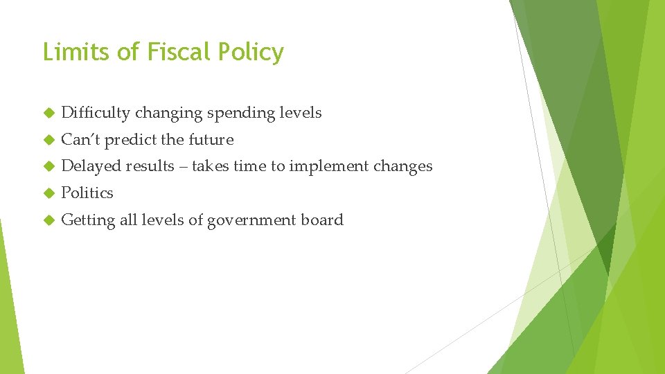 Limits of Fiscal Policy Difficulty changing spending levels Can’t predict the future Delayed results