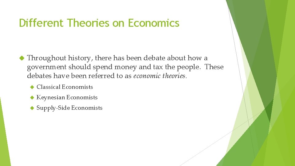 Different Theories on Economics Throughout history, there has been debate about how a government
