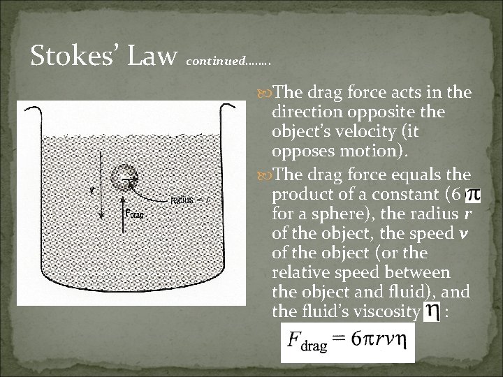 Stokes’ Law continued……. . The drag force acts in the direction opposite the object’s