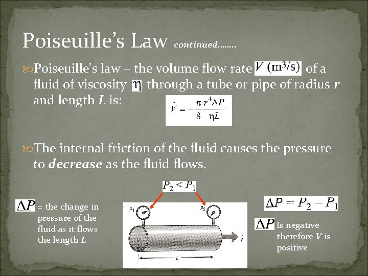 Poiseuille’s Law continued……. . Poiseuille’s law – the volume flow rate fluid of viscosity
