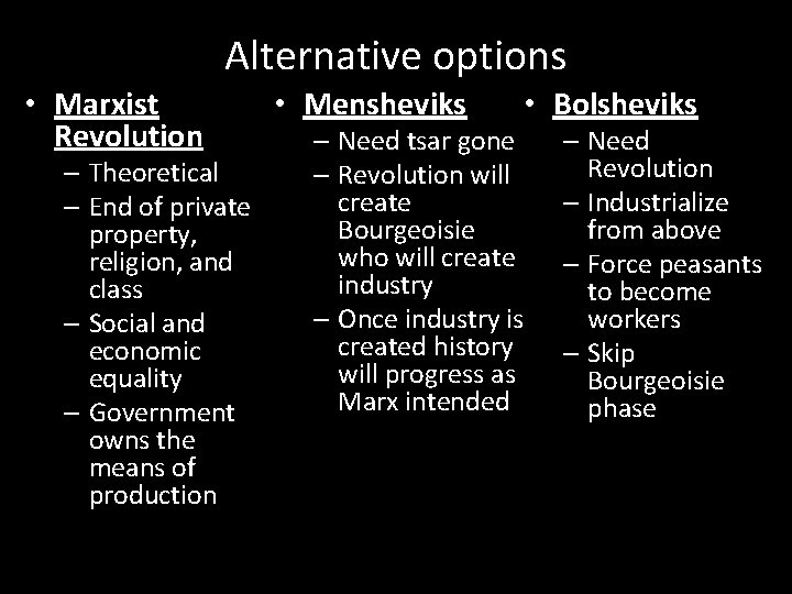 Alternative options • Marxist Revolution – Theoretical – End of private property, religion, and