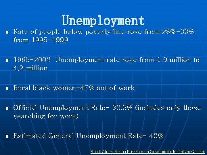 Unemployment n Rate of people below poverty line rose from 28%-33% from 1995 -1999