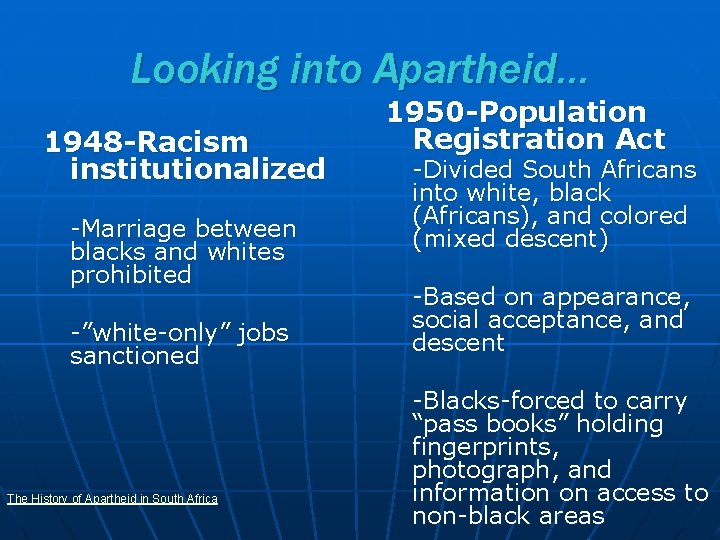 Looking into Apartheid… 1948 -Racism institutionalized -Marriage between blacks and whites prohibited -”white-only” jobs