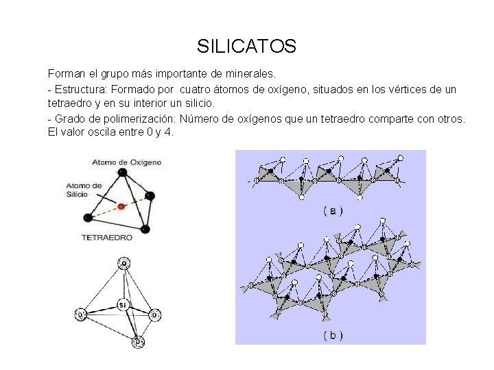 SILICATOS Forman el grupo más importante de minerales. - Estructura: Formado por cuatro átomos
