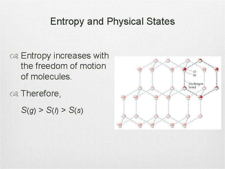 Entropy and Physical States Entropy increases with the freedom of motion of molecules. Therefore,
