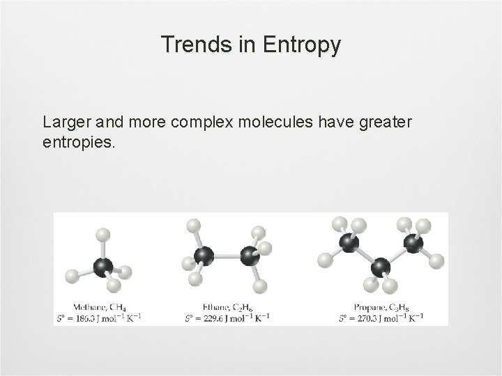 Trends in Entropy Larger and more complex molecules have greater entropies. 