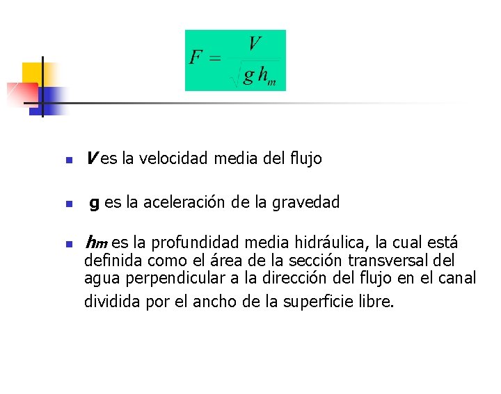 n n n V es la velocidad media del flujo g es la aceleración