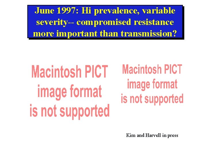 June 1997: Hi prevalence, variable severity-- compromised resistance more important than transmission? Kim and