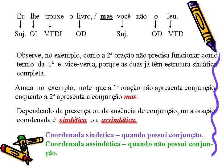 Eu lhe trouxe o livro, / mas você não Suj. OI VTDI OD Suj. Eu lhe trouxe o livro, / mas você não Suj. OI VTDI OD Suj.