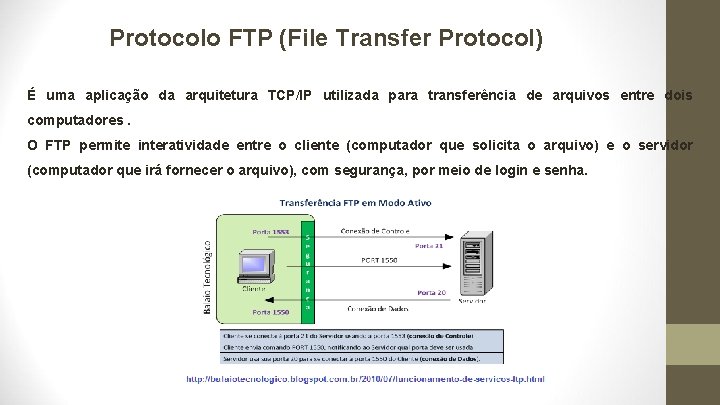 Protocolo FTP (File Transfer Protocol) É uma aplicação da arquitetura TCP/IP utilizada para transferência