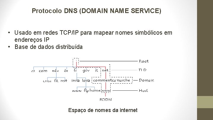 Protocolo DNS (DOMAIN NAME SERVICE) • Usado em redes TCP/IP para mapear nomes simbólicos