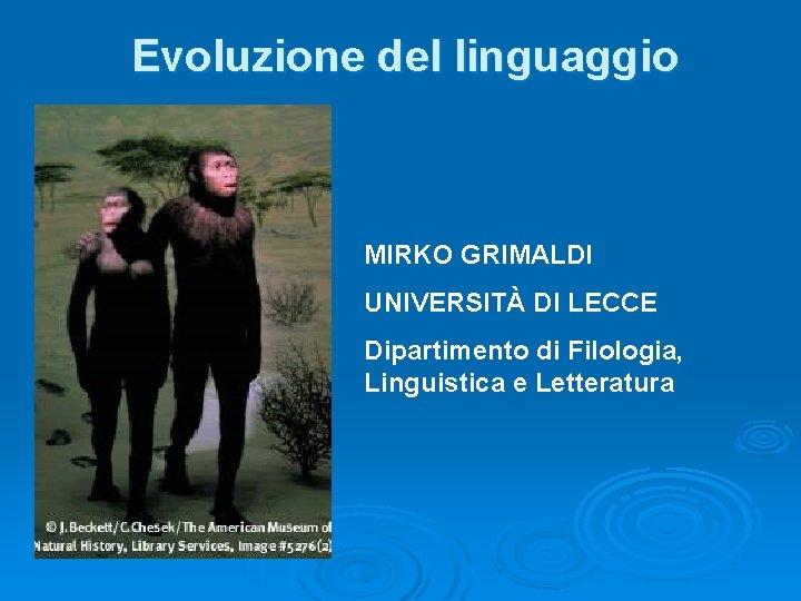 Evoluzione del linguaggio MIRKO GRIMALDI UNIVERSITÀ DI LECCE Dipartimento di Filologia, Linguistica e Letteratura