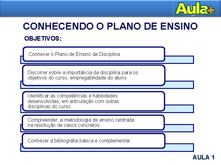 CONHECENDO O PLANO DE ENSINO OBJETIVOS: Conhecer o Plano de Ensino da Disciplina. Discorrer