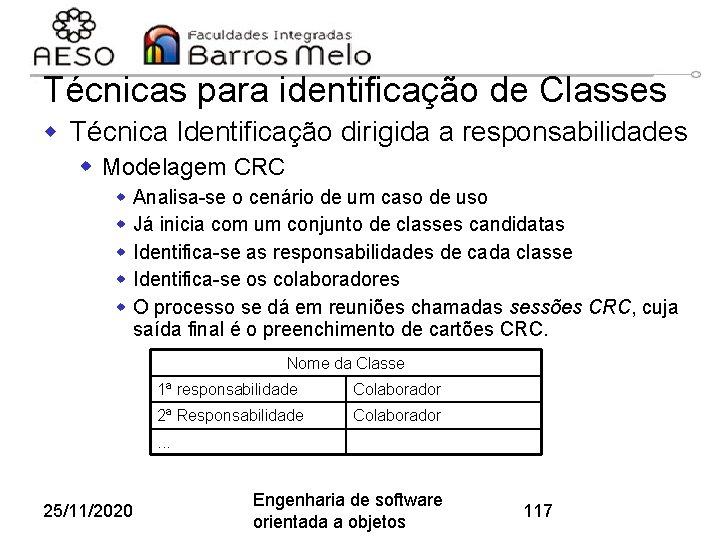 Técnicas para identificação de Classes w Técnica Identificação dirigida a responsabilidades w Modelagem CRC