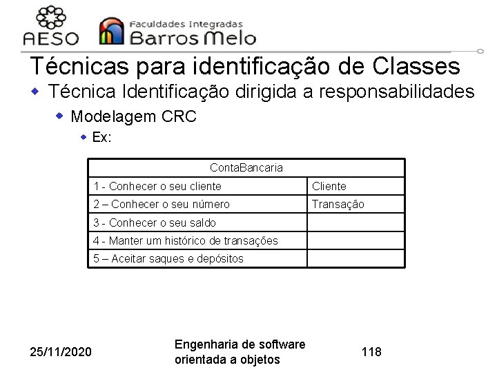 Técnicas para identificação de Classes w Técnica Identificação dirigida a responsabilidades w Modelagem CRC