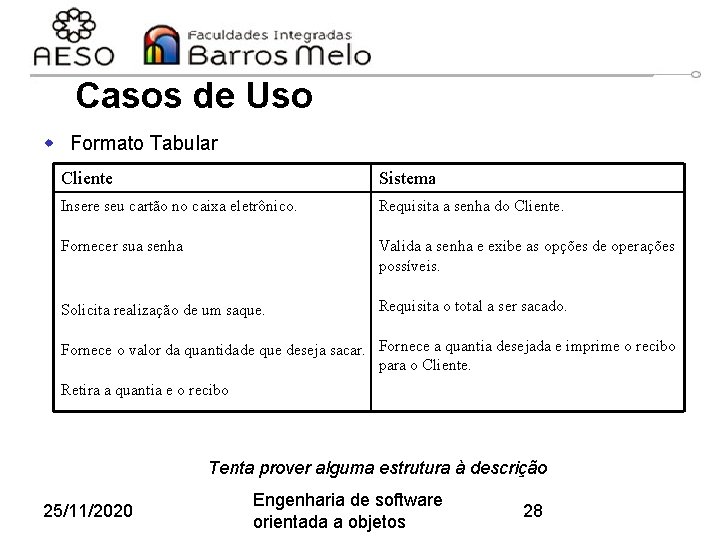 Casos de Uso w Formato Tabular Cliente Sistema Insere seu cartão no caixa eletrônico.