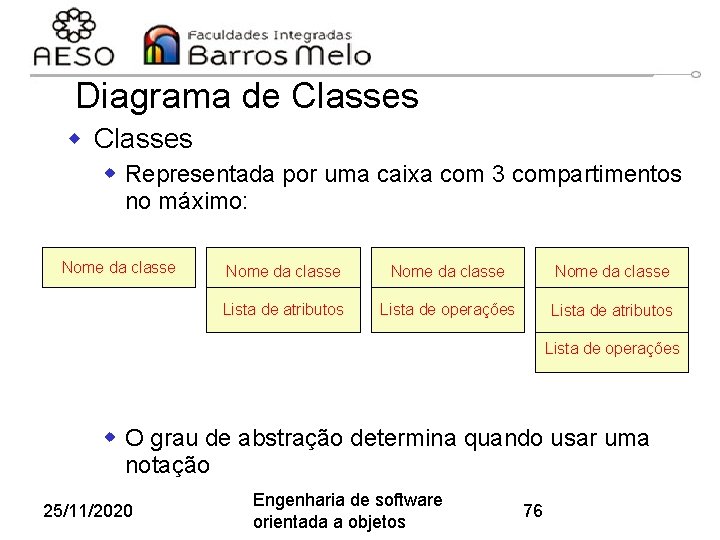 Diagrama de Classes w Representada por uma caixa com 3 compartimentos no máximo: Nome